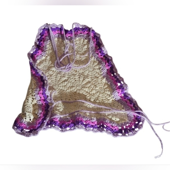 Handmade White Crochet Halter Crop-Top Floral Hand Knit Triangular Shape Purple - Picture 13 of 17